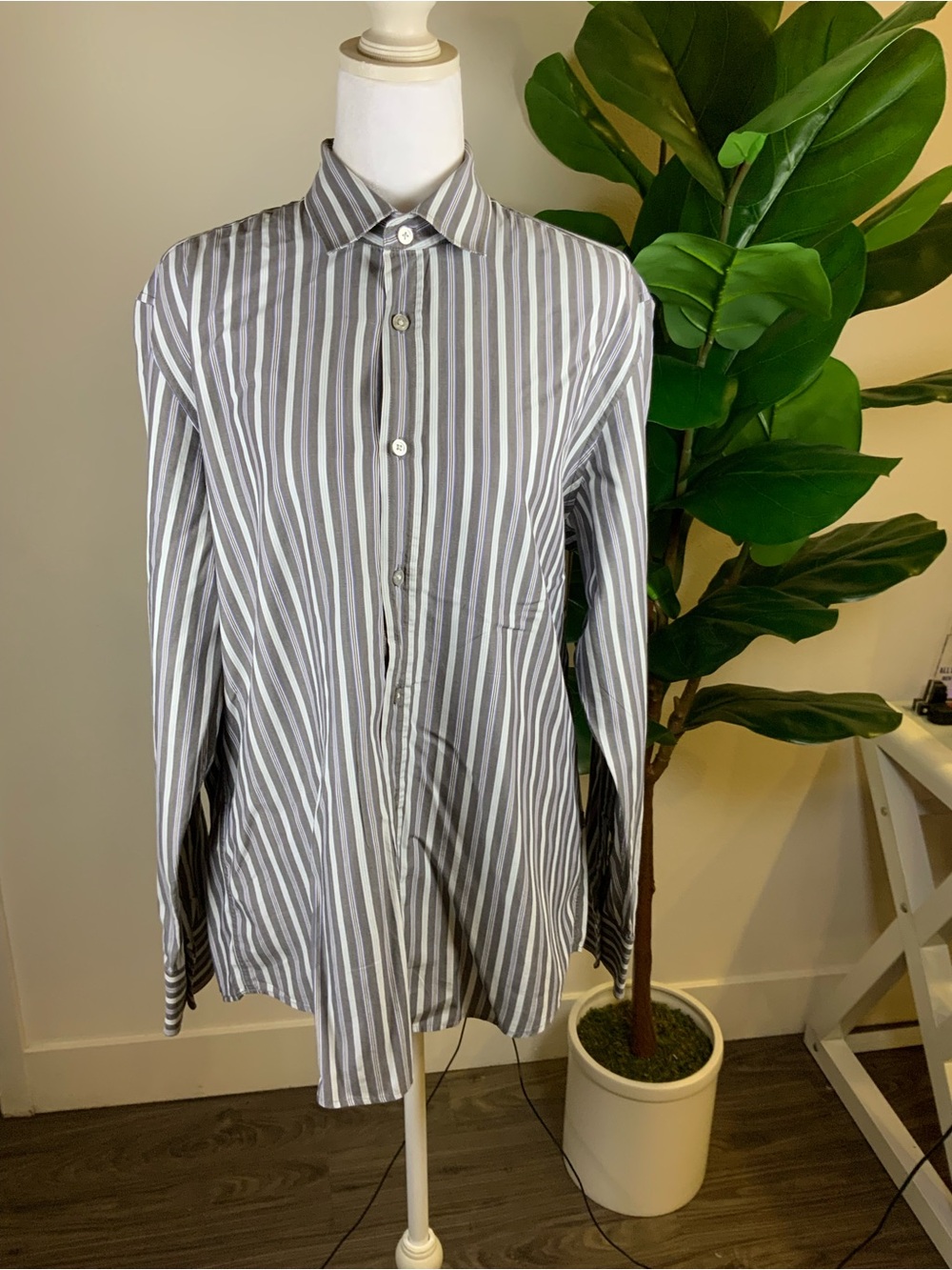 Hugo Boss Gray and White Vertical Stripe Dress Shirt